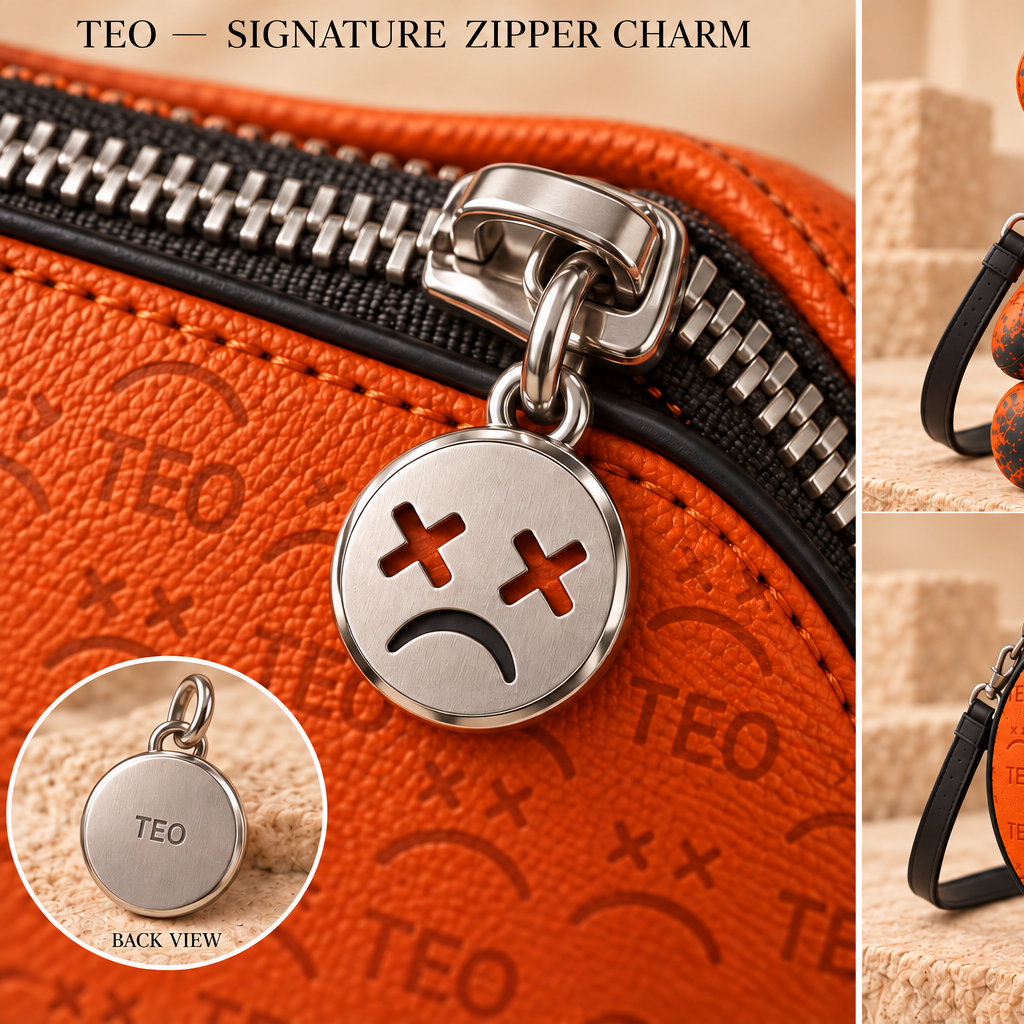 Silver-finish TEO frown-face zipper charm concept against orange monogram texture