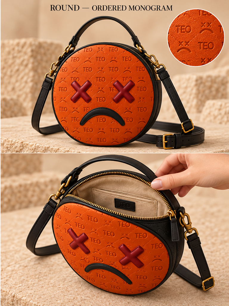 Approved circular orange frown-face crossbody concept