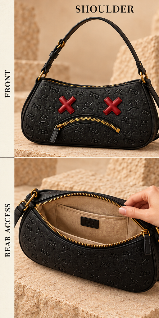 Black TEO shoulder bag development concept with red X eyes